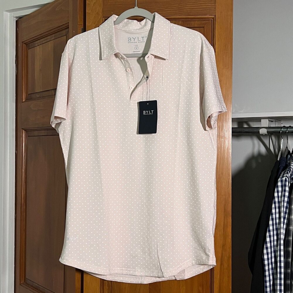 BYLT Premium Basics Drop Cut LUX Dotted Polo Blush/White Men's Medium NWT